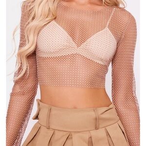 NUDE RHINESTONE FISHNET LONG SLEEVE CREW NECK CROP TOP